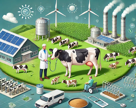 DALLE 2024-12-27 20.36.28 - A high-quality, professional illustration showing sustainable livestock farming with healthy animals. The scene includes well-cared-for cows in a gree