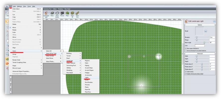 ,        Realtime landscaping architect,     Edit->Select->Select All by Type   Lights.